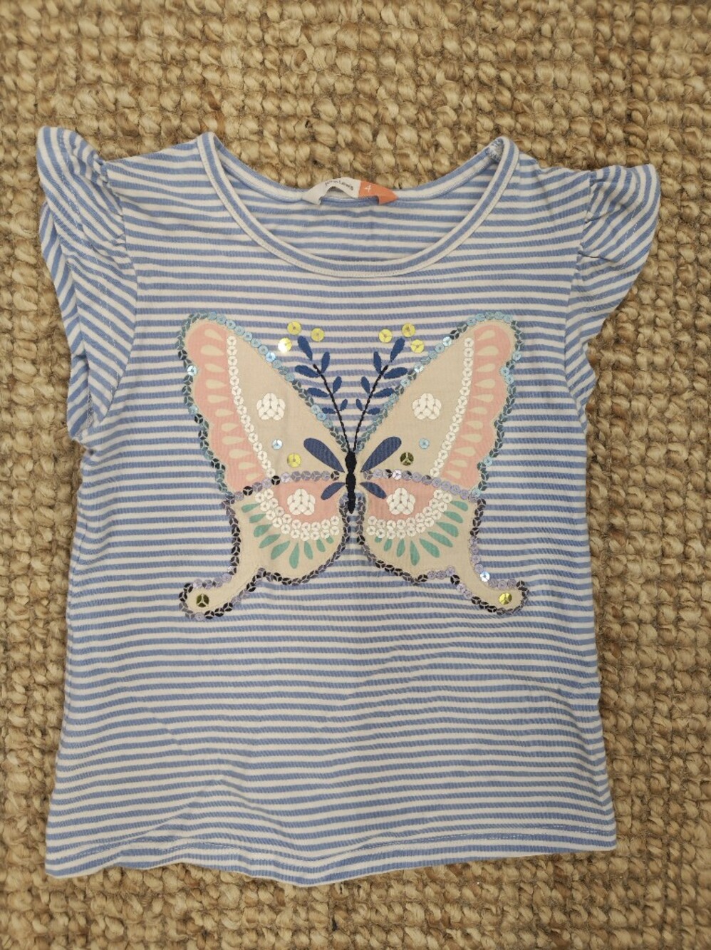 Vintage Y2K Girls Blue Striped Butterfly Sequin Tee